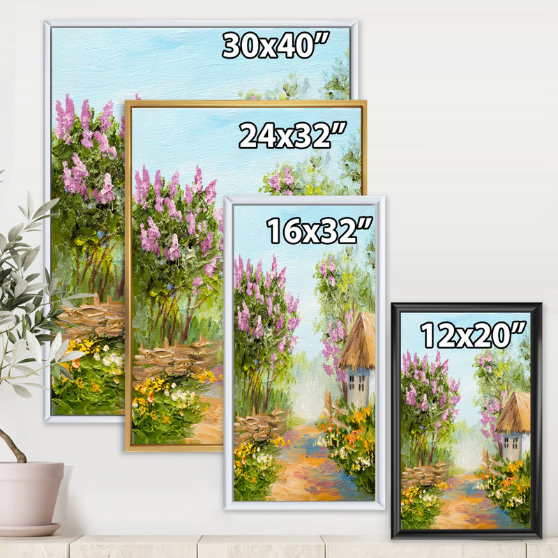 «Little House in the Blossoming Forest», peinture sur toile, H 32 po x l 16 po x P 1 po, Cadre flottant blanc