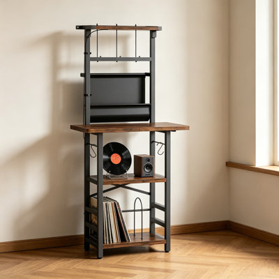 Large Record Player Stand with LED Light, Turntable Table with Vinyl Storage and Display Shelves, Rustic Wood Record Holder for Music Room and Studio, Sturdy and Stable Design