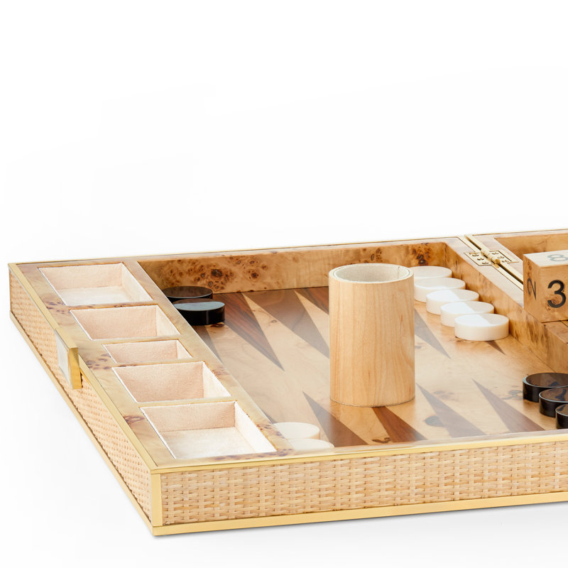 Handcrafted Beige Cane and Brass Backgammon Set