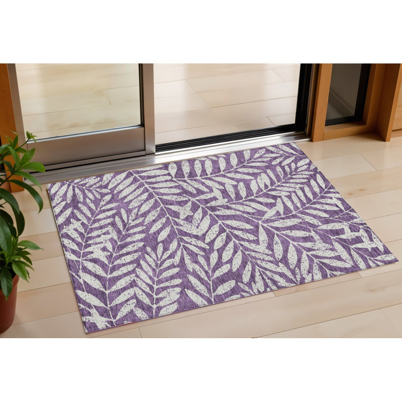 3' X 5' Purple And Ivory Floral Washable Indoor Outdoor Area Rug