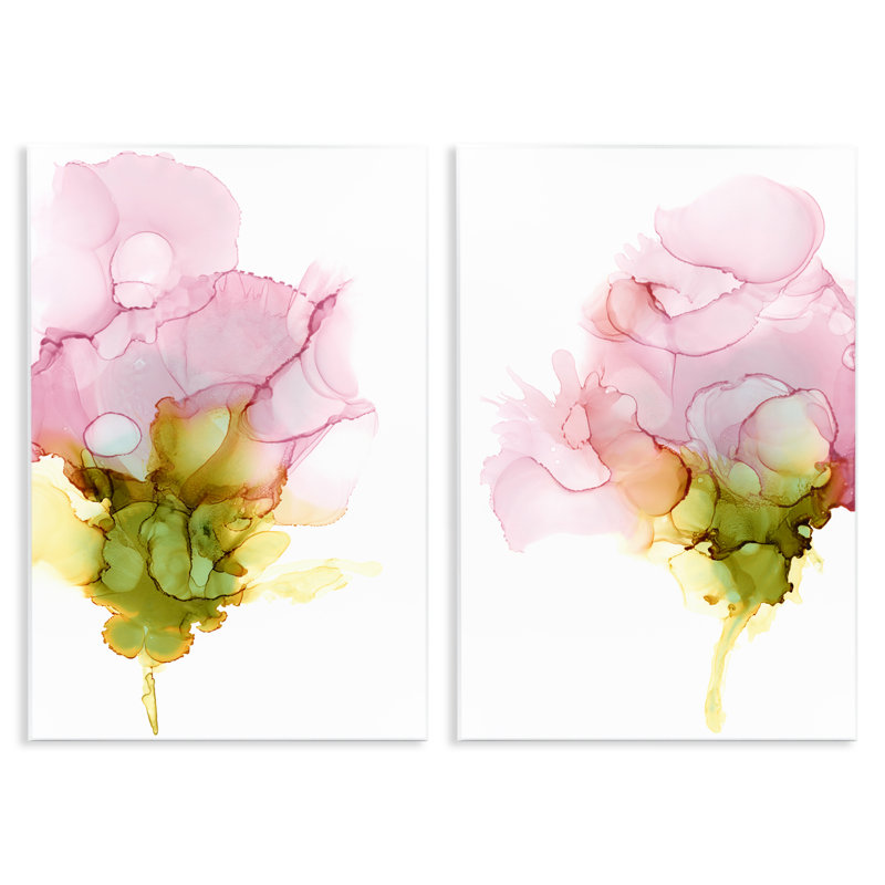 «Blooming Pink Ink Blossom», ensemble de 2 plaques murales par Jennifer Goldberger, H 19 po x l 13 po
