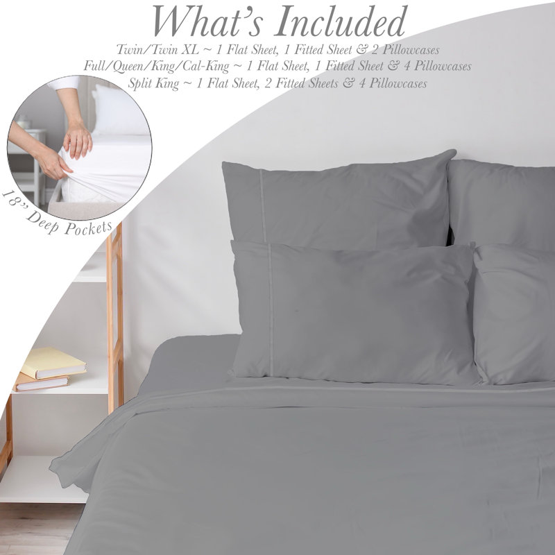 6 Piece Ultra Soft Double Brushed Microfiber Sheet Set, Cooling Sheets with Extra Deep Pockets - Machine Washable, Light Gray