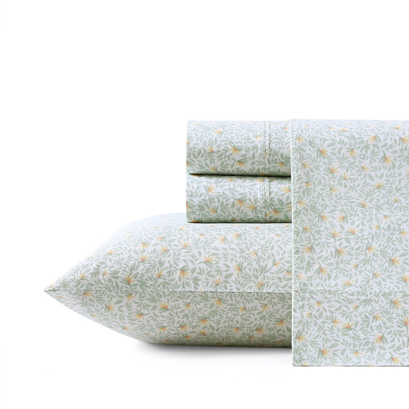 Ensemble de draps en coton percale Tommy Bahama, Ensemble de draps pour très grand lit avec 2 taie, Grue verte