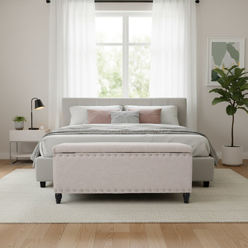 Élégant banc de rangement rembourré en tissu de polyester, Blé