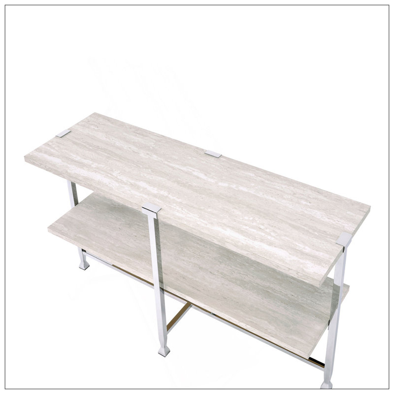 Table de canapé demi-lune avec support de traverse, chêne blanc et chrome
