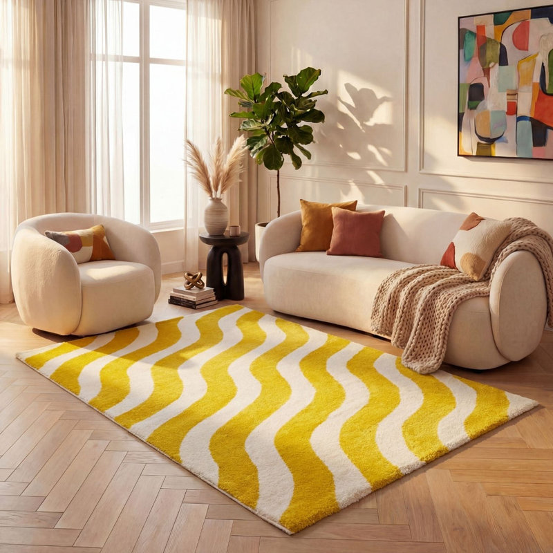 Joli Wavy Area Rug Soft Dense Pile for Living Rooms and Bedrooms, Rectangle 80 x 150 cm, Yellow/White