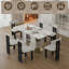 Ensemble de table de salle à manger de 63 po pour 4 à 6 personnes avec rangement, plateau en pierre brûlée et base en bois massif doré, comprenant 6 chaises en velours blanc pour la cuisine et l’appartement-117597913