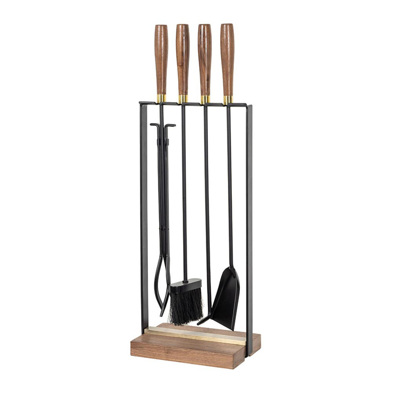 Modern Black Steel Fireplace Tool Set with Walnut Wood Handles