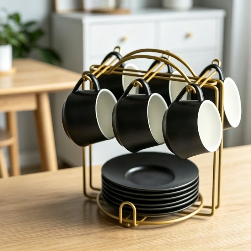 Ensemble de 6 tasses à demitasse en céramique avec support, soucoupes et cuillères, ensemble de petites tasses à espresso, latte, thé, noir