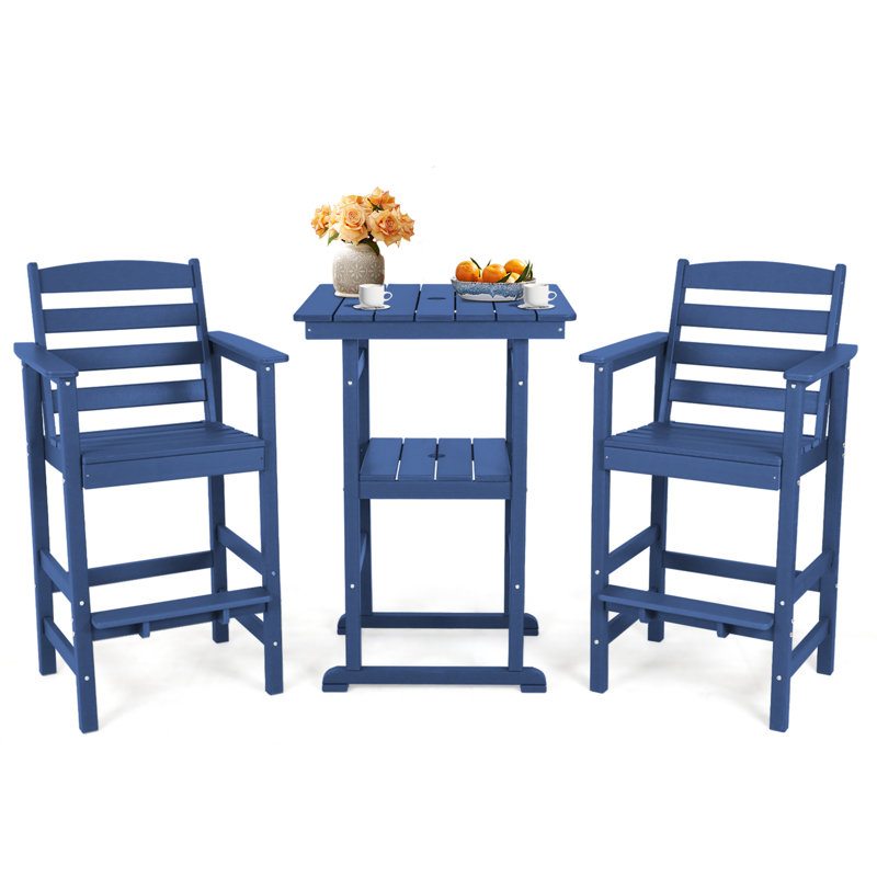 3 Piece Outdoor Adirondack Bar Chairs And Table, Navy