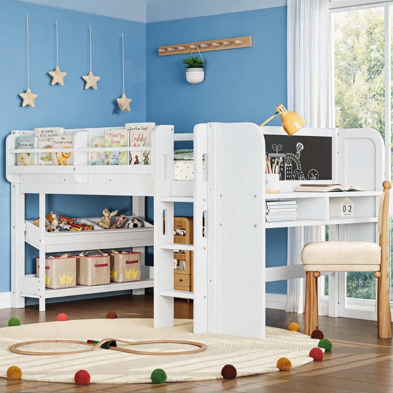 Petit lit simple mezzanine pour enfant avec cadre en bois multifonctionnel avec rangement intégré, bureau et tableau noir, blanc classique