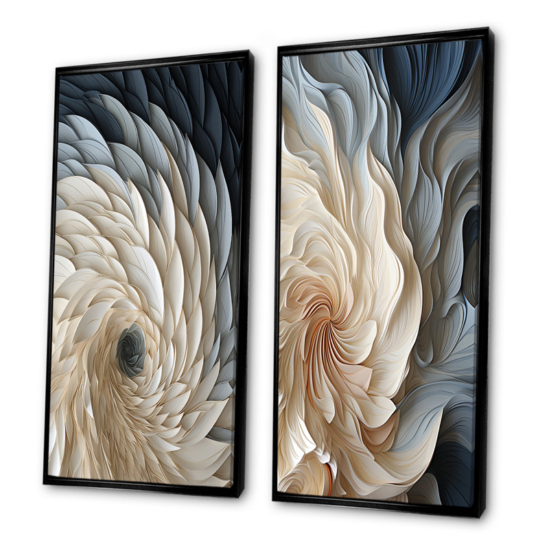 Plume blanche et bleue en spirale I - ensemble de 2 décorations murales géométriques abstraites, Cadre flottant noir