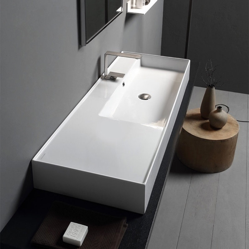 Scarabeo By Nameeks 18.1'' White Ceramic Rectangular Vessel, Wall Mount Bathroom Sink with Overflow, No Hole