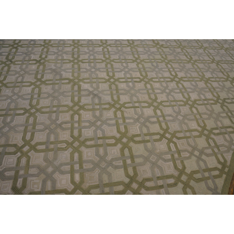 Tapis ivoire / vert en laine noué à la main de conception unique 9 pi x 12 pi