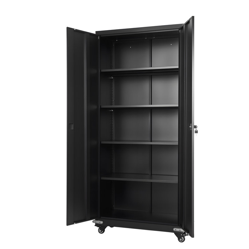 Metal Storage Cabinet, 72.6 in Rolling Steel Garage Cabinet with 4 Adjustable Shelves, 2 Magnetic Doors & 2 Keys, 5 Tiers Lockable Tool Storage for Pantry, Warehouse, Basement, Office, Black