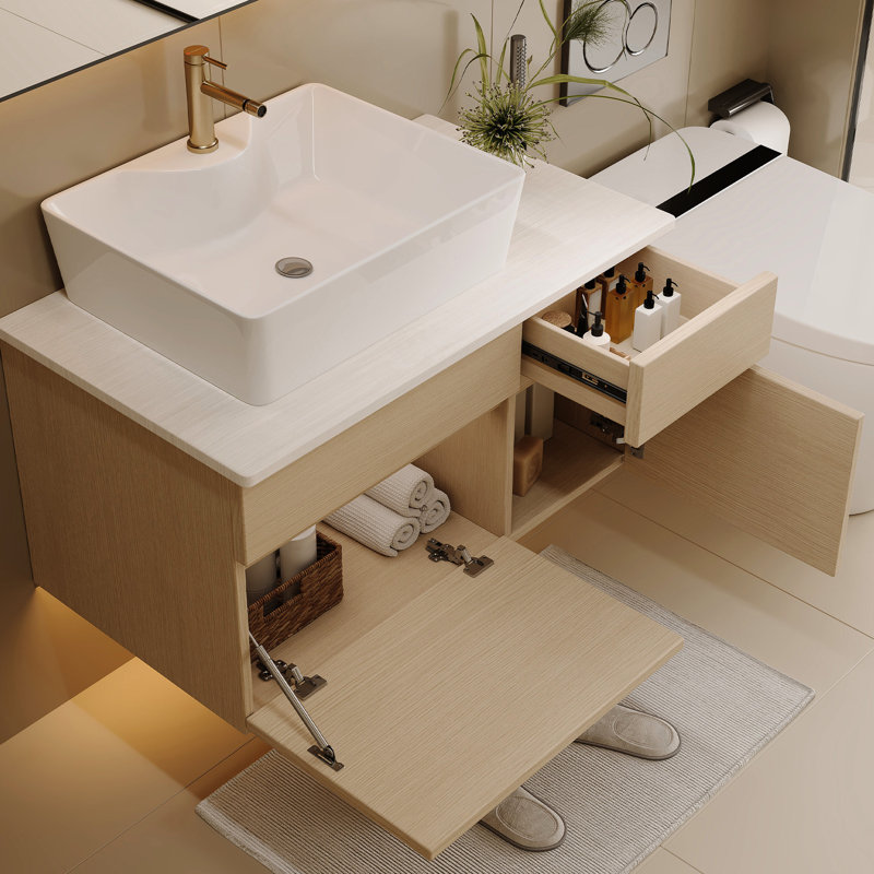 Meuble-lavabo 31,5 po avec lavabo vasque, plateau en bois massif, armoire de rangement murale en céramique