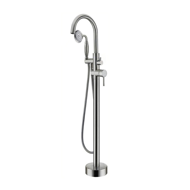 Freestanding Bathtub Faucet With Handheld Shower  40.12" High Swan Neck Spout  Solid Brass  For Clawfoot Tub, Brushed Nickel