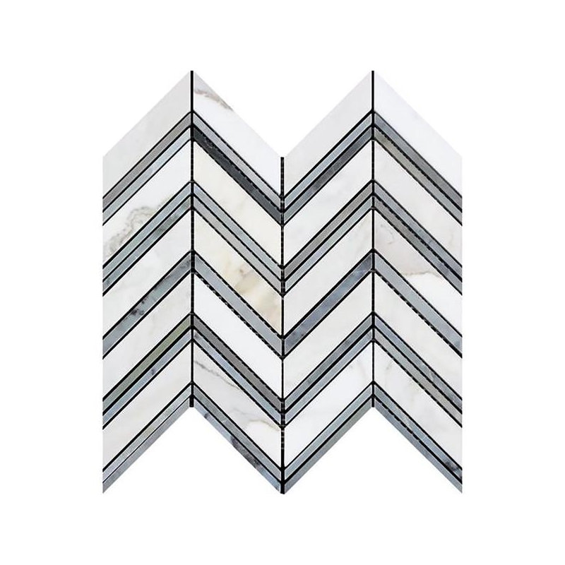 Oriental 12" x 12" Marble Herringbone / Chevron Mosaic Tile, White/Mint Green