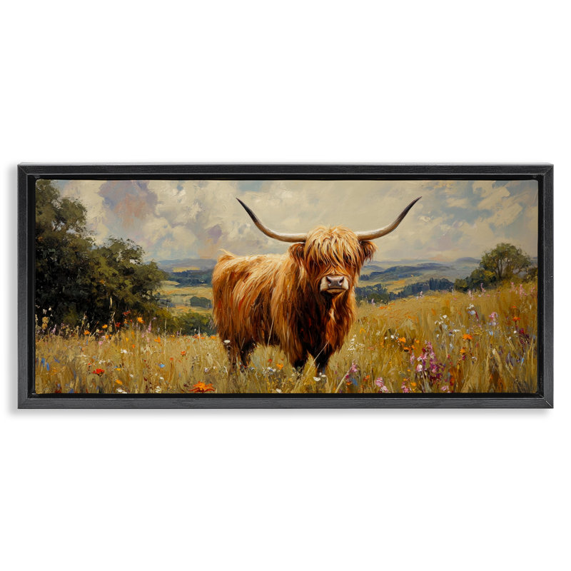 Cadre flottant Highland Cow In Sunshine, design par Petal Prints Design, H 11 po x l 25 po, Cadre flottant noir de jais