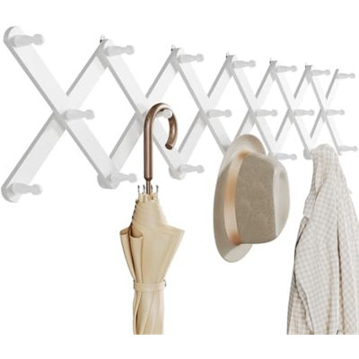 Porte-manteau mural extensible en bois blanc avec 20 crochets | Présentoir à chapeaux en forme de X pour manteaux, chapeaux, sacs, casquettes, tasses et bijoux