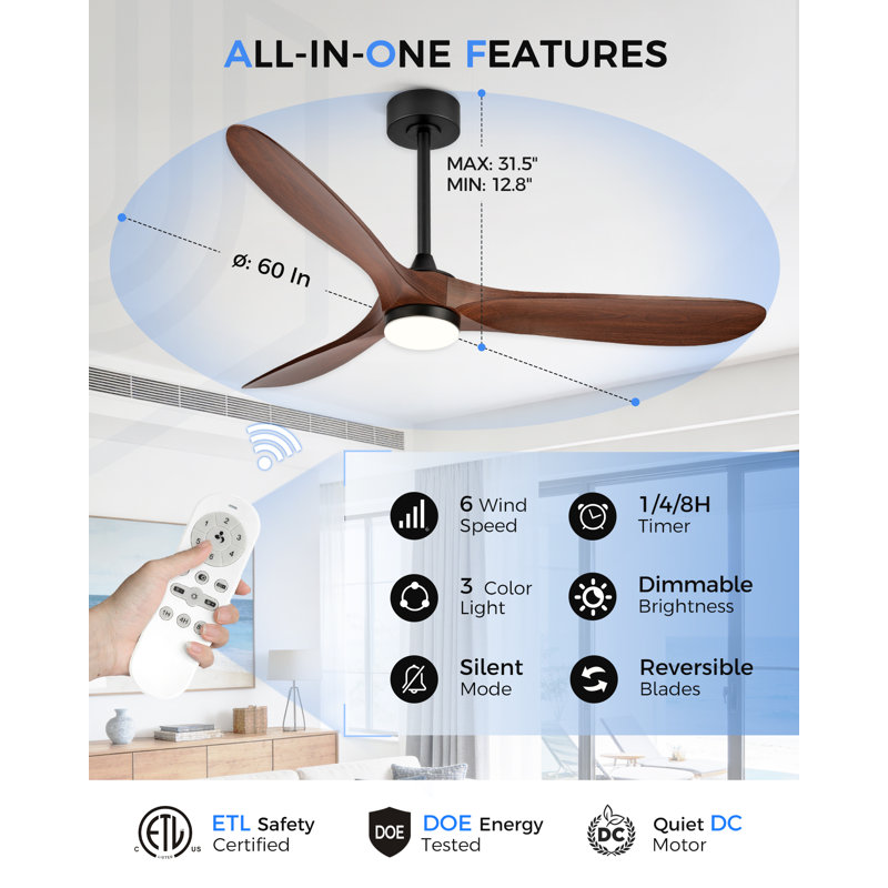 60'' 3- Blade Modern Dimmable Ceiling Fan With Light Kit, 3 LED Colors, 6 Speed Noiseless DC Motor Reversible, Timer, Indoor Outdoor