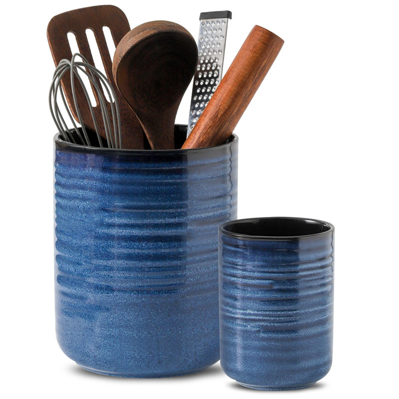 Porte-ustensiles en céramique pour comptoir de cuisine, grand support de cuisson pour comptoir, pot pour décor de ferme, ensemble de 2 (bleu marine)