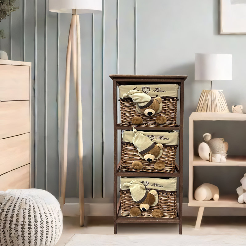 Jhavon 3 Drawer Wooden Cabinet with Wicker Storage Baskets and Brown Bear Design for Home Organization