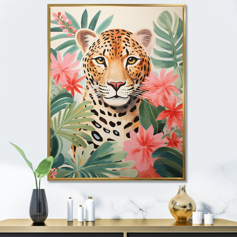 Léopard vert et rose dans la jungle I - art mural léopard / guépard, Cadre flottant doré, H 40 po x l 30 po