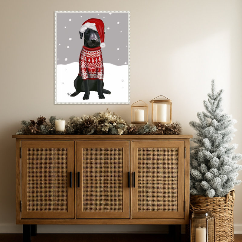 «Black Labrador Christmas Sweater 1» par Fab Funky, impression sur toile encadrée