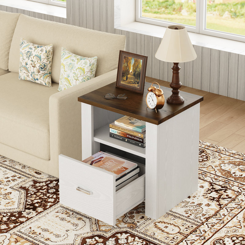 Bedside table open wooden frame,Farmhouse Nightstand,Country style bedroom living room side table, White