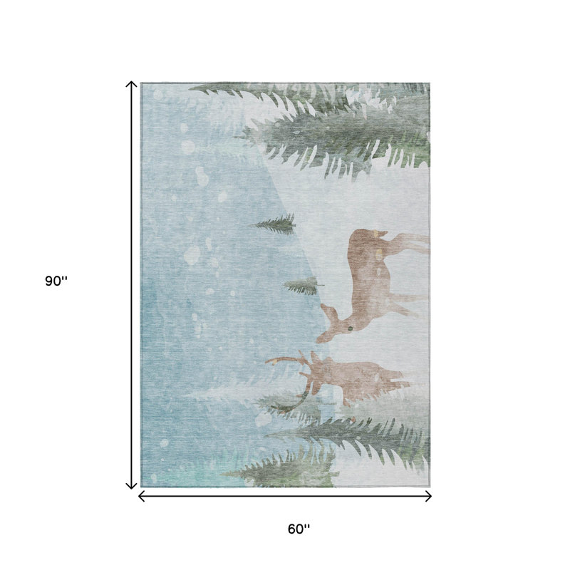 Tapis intérieur lavable ivoire et cerf kaki 5 pi x 8 pi bleu ciel