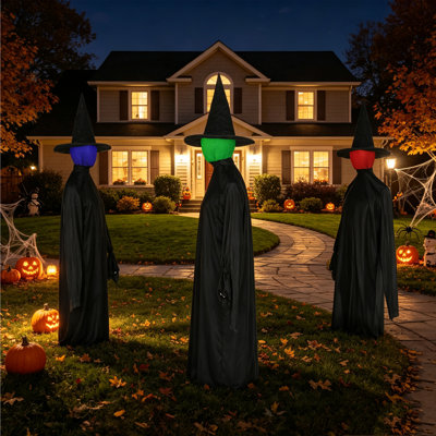 Ensemble de 3 sorcières d'Halloween 63 "lumineuses et activées par le son - Décoration de jardin extérieur effrayant avec têtes changeant de couleur