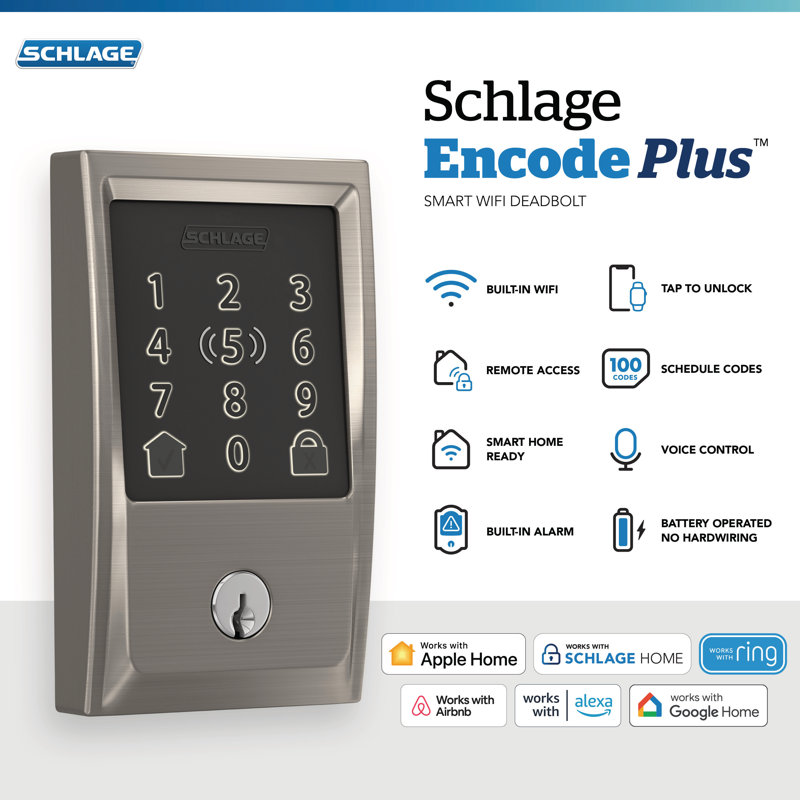 Encode Plus Smart Wifi Deadbolt With Century Trim, Satin Nickel