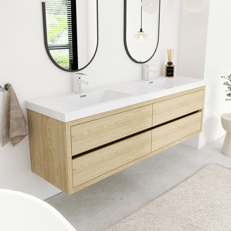 72" Modern Wall-Mounted Bathroom Vanity Set, With Double Integral Stone Resin Sinks, 72", Natural Oak