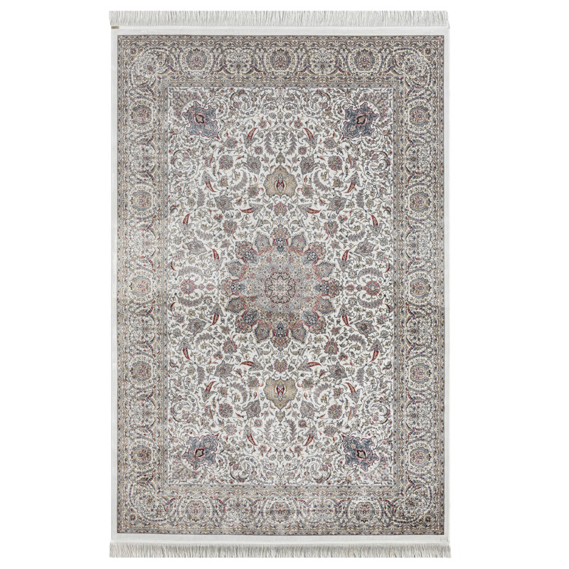 Minyatur V377A White Medallion Area Rug – Traditional Low-Pile 100% Viscose Carpet, Flatwoven Design, Rectangle 80 x 150 cm