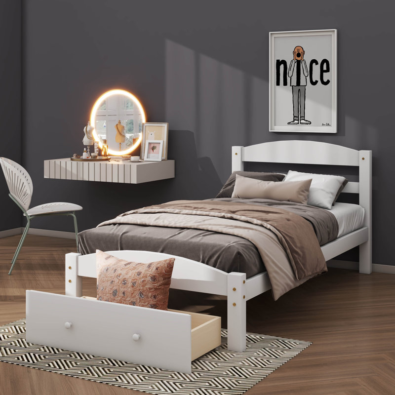 Tiroir de rangement avec lit plateforme simple, Blanc
