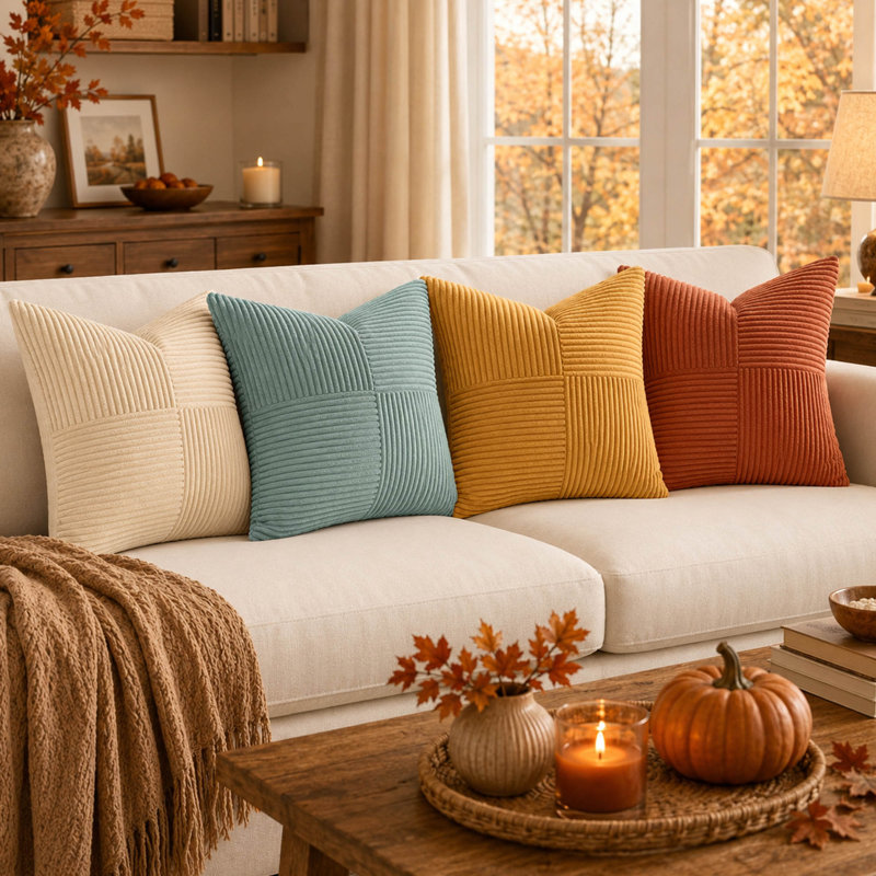 Ensemble de 4 housses de coussin décoratives en velours côtelé turquoise et orange, 45,7 x 45,7 cm