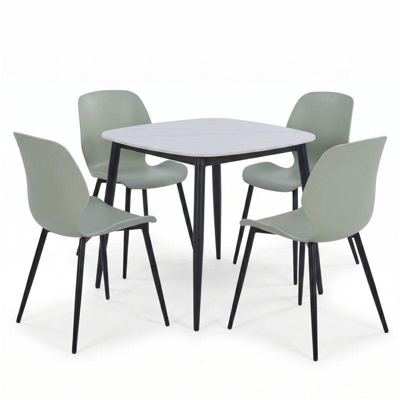 Westhope 5-Piece Dining Set, Square Table & Four Plastic Chairs, Sintered Stone, Green