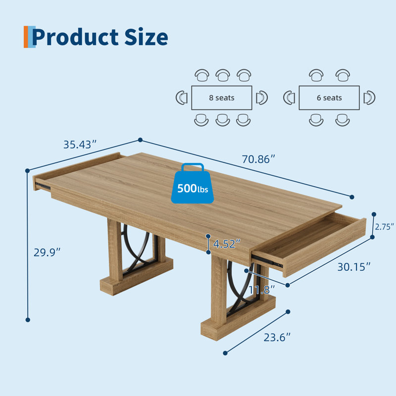 71-Inch Dining Table for 6-8 with 2 Drawers, Large Wooden Kitchen Table w/Large Tabletop & Sturdy Frame, Rectangular Dining Table