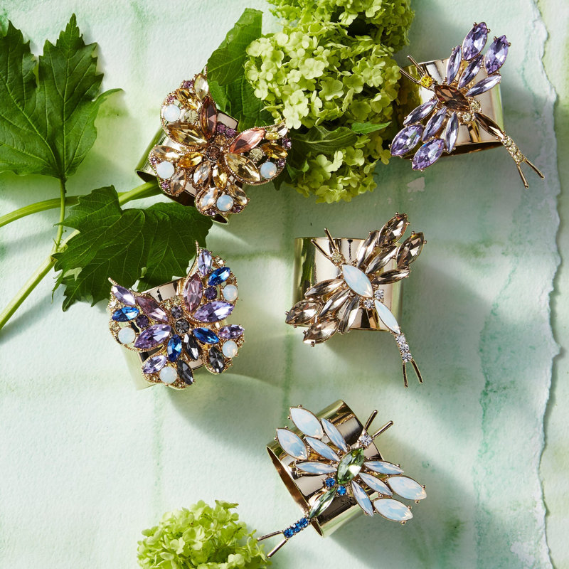 Jeweled Butterfly Napkin Rings, Blue/Shiny Gold