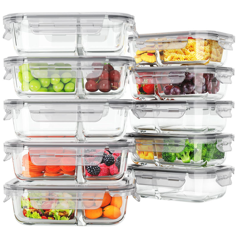 Paquet de 10 contenants de préparation de repas en verre à 2 compartiments, contenants de rangement pour aliments avec couvercles, 10 couvercles et 10 contenants