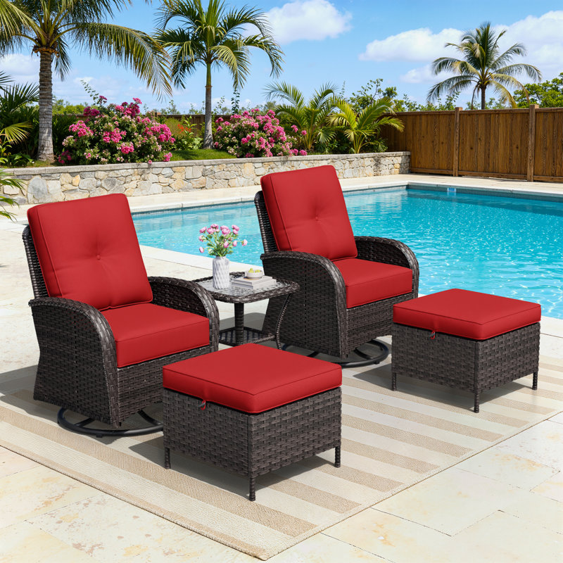2-Person PE Wicker Outdoor Patio Set With Chairs, Ottomans, Side Table & Red Cushions, Red