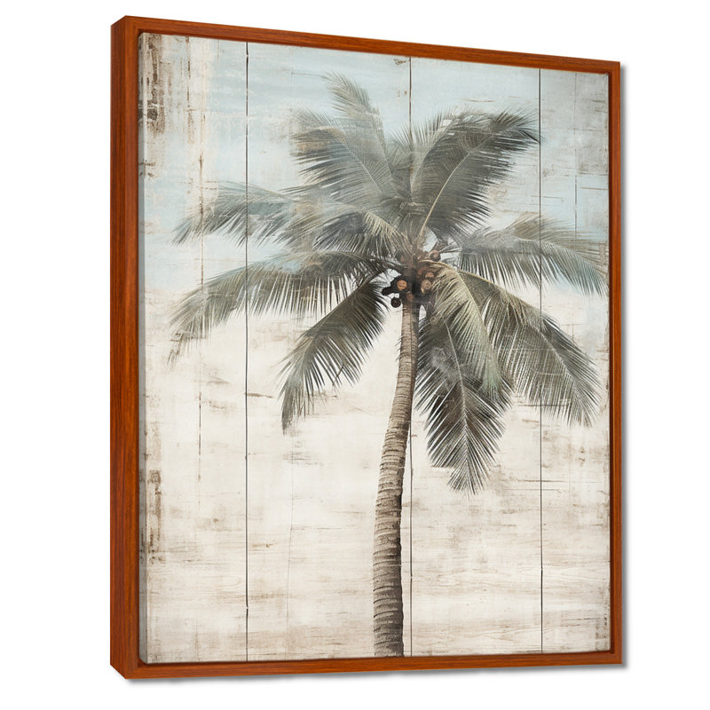 Palmier tropical dans des couleurs rétro délavées - prairie, art mural, H 40 po x l 30 po x P 1,5 po, Cadre flottant brun