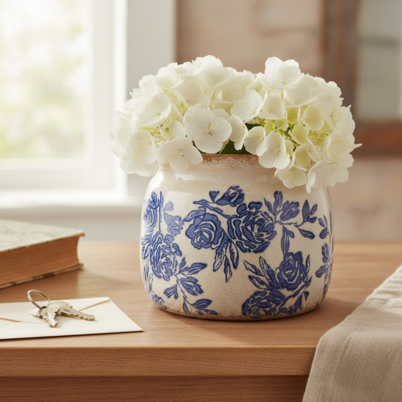 Adairsville Chinoiserie Ceramic Planter & Vase, Vintage Antique Flower Pot for Indoor Plants & Home Garden Decor, Blue