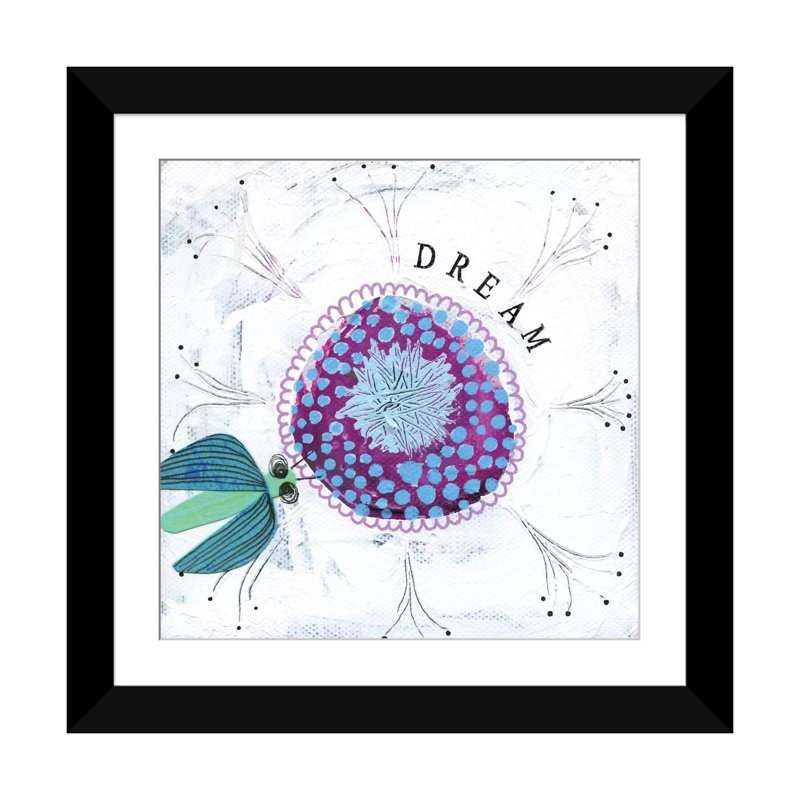 «Dream», peinture sur toile tendue, H 16 po x l 16 po x P 1 po, Papier avec cadre noir, Blanc