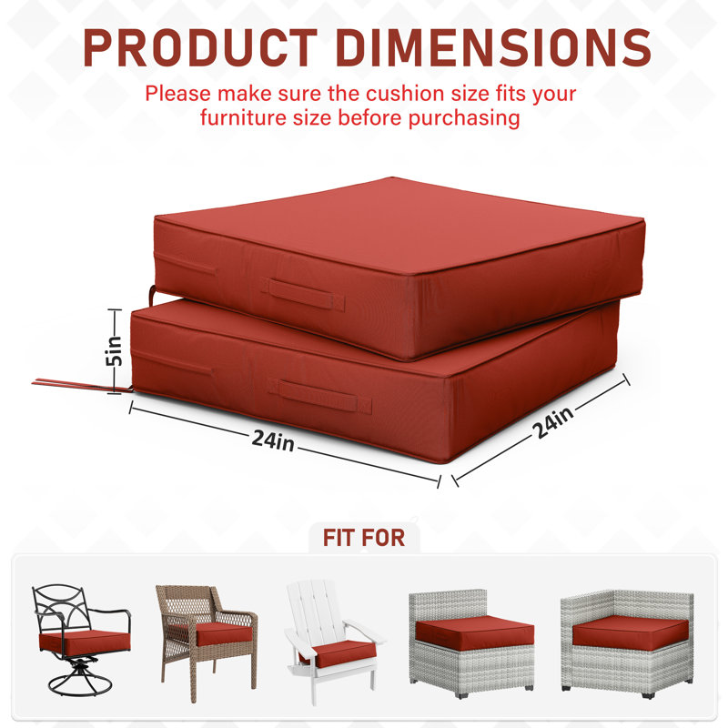 Coussins de siège d'extérieur (ensemble de 2), L 24 po x P 24 po, 5 pouces, Rouge Terra