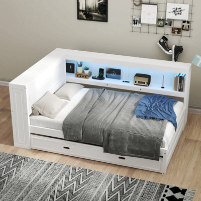 Full Size Wood Daybed With Storage Shelves, USB, LED, And Trundle