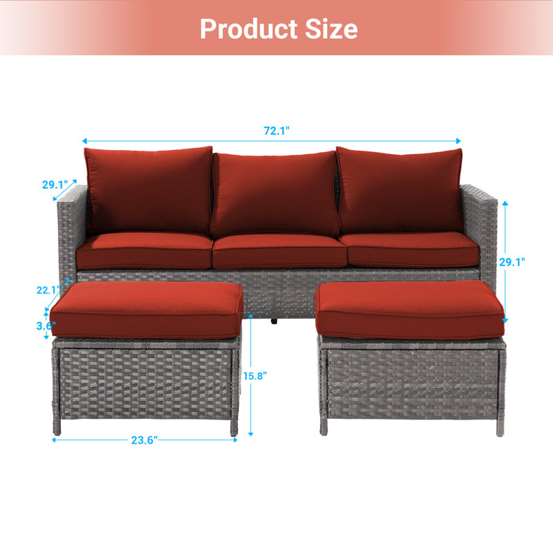 3-Set Outdoor Grey PE Wicker Furniture Wide Seat Conversation Couch Set Extra Ottomans Design for Lawn, Patio and Porch, Gray