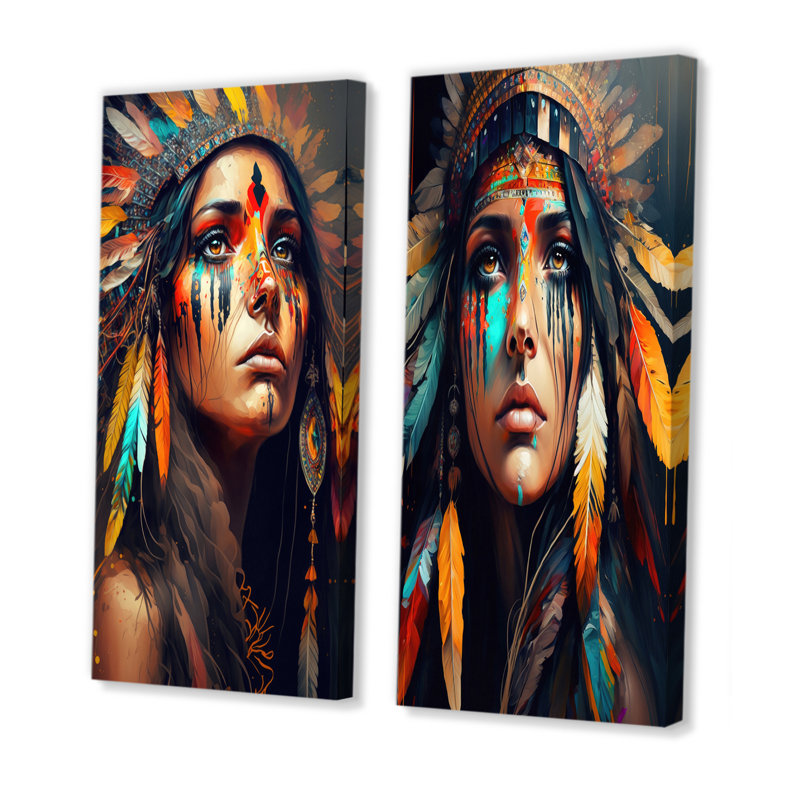 «Colorful Native American Woman», 2 pièces sur toile, Toile tendue, H 20 po x l 24 po