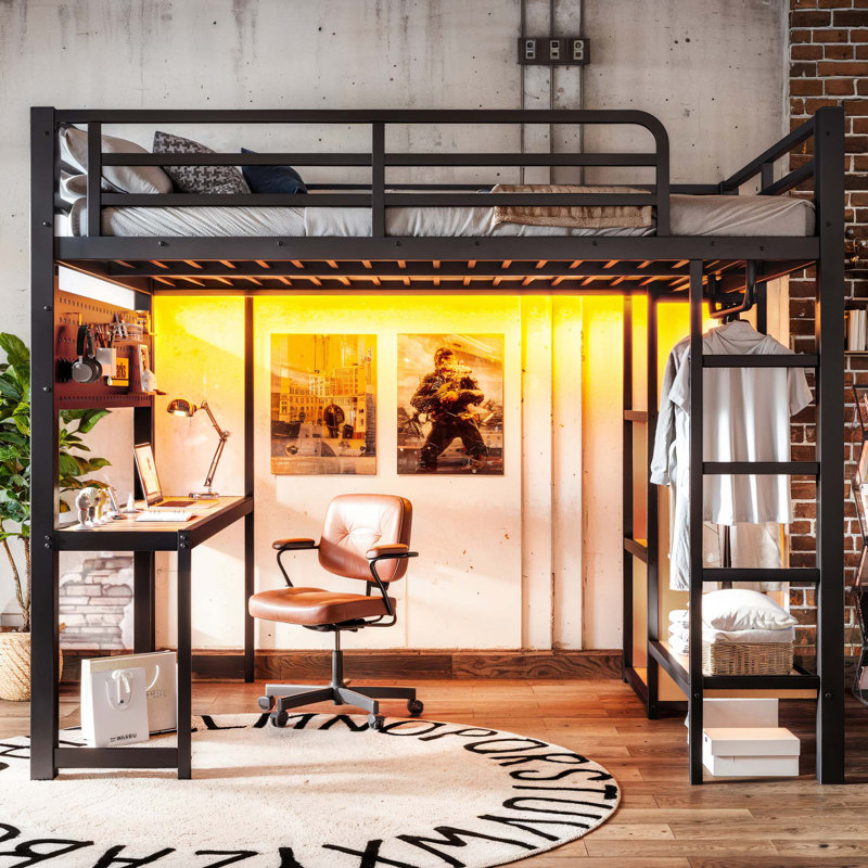 Lit mezzanine double en métal avec bureau intégré, charge USB et tablettes de rangement